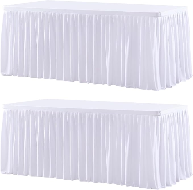 Wish Care 2 Pack White Rectangle Table Clothes for 4 Foot Tables, Polyester Fitted Tablecloths 4ft Stretch Table Cover for Wedding, Birthday, Parties, Trade Show, Craft Show
