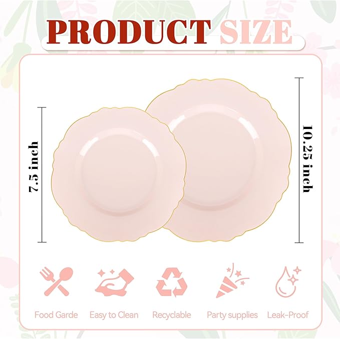 WDF 100pcs Pink Plastic Plates - High-end Baroque Design - Pink and Gold Plates - Including 50 Disposable Plate 10.25inch, 50Salad Plate 7.5inch for Wedding/Baby Shower/Spring/Birthday/Mother's Day
