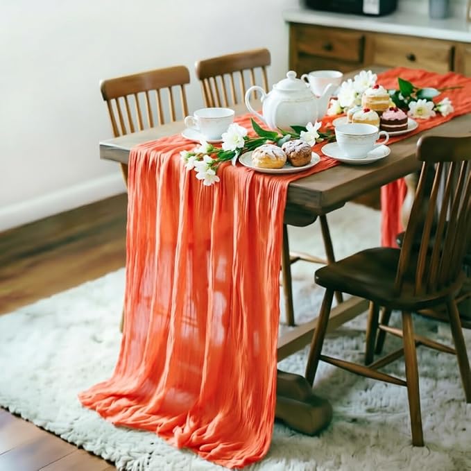 LINXTAR Orange Cheesecloth Table Runner 4 Pack 120 Inches 10Ft Gauze Summer Boho Table Runner for Wedding Tea Party Baby Shower Bridal Birthday Home Decoration