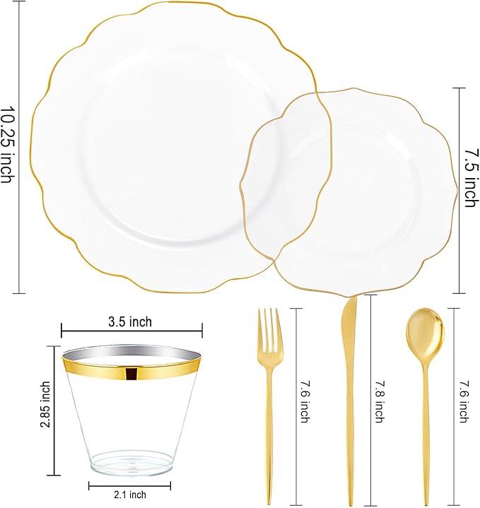 bUCLA 180PCS Clear Plastic Plates with Gold Trim - Clear Gold Plastic Dinnerware Include 30 Dinner & Dessert Plates, 30 Knives, 30 Forks, 30 Spoons and 30 Cups for Party