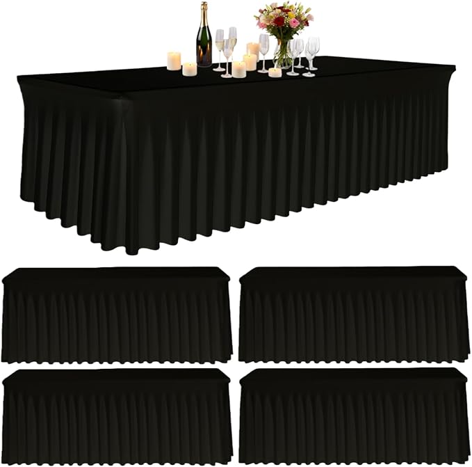 5 Pack Black Spandex Table Clothes for 6 Foot Rectangle Tables, Fitted Stretch Spandex Table Cover 6ft Black Tablecloths with Desk Skirt for Weddings Birthday Parties Banquet Baby Shower