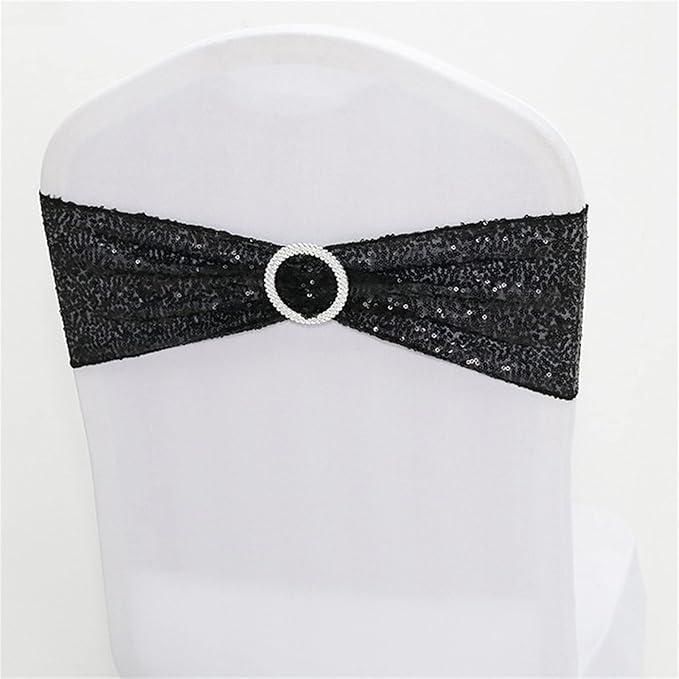 Dimatic 10 PCS Stretch Sequin Chair Sashes Chair Stretchy Spandex Bands for Wedding Reception Events Banquets Chairs Decoration (Black)