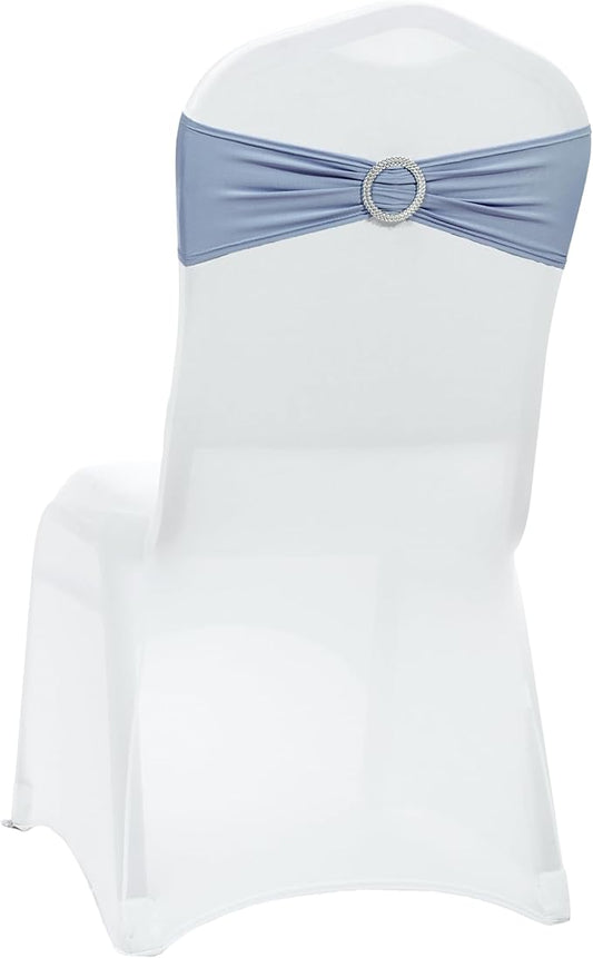 VDS - Dusty Blue | Spandex Chair Sashes Bows | 125 PCS | Stretch Elastic Banquet Universal Folding Chair Band Tie with Silver Buckle Slider for Wedding Party Conference Celebration Event Decoration