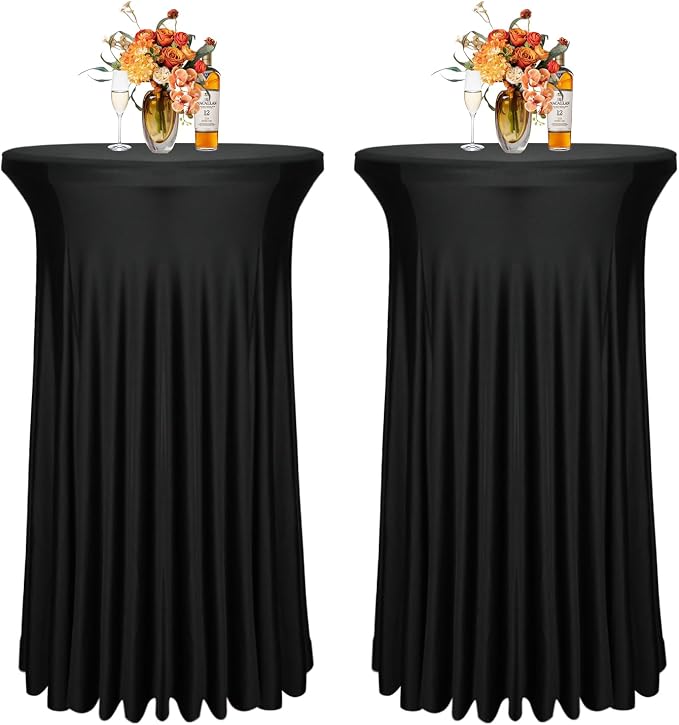 2 Pack 32"x43" Black Round Cocktail Table Skirt | Spandex Fitted High Top Table With Skirt | Stain, Wrinkle Resistant, Washable for Bar Wedding Party Banquet