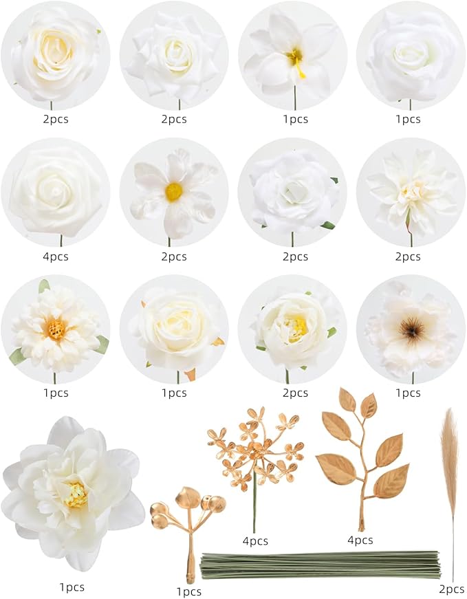 Garisey Artificial Flowers Combo, Mix Silk Flowers Roses, Peonies, Dahlias with Stems for DIY Wedding Bridal Bouquets, Baby Shower, Table Centerpieces, Home Decor, Fake Floral Arrangements-White