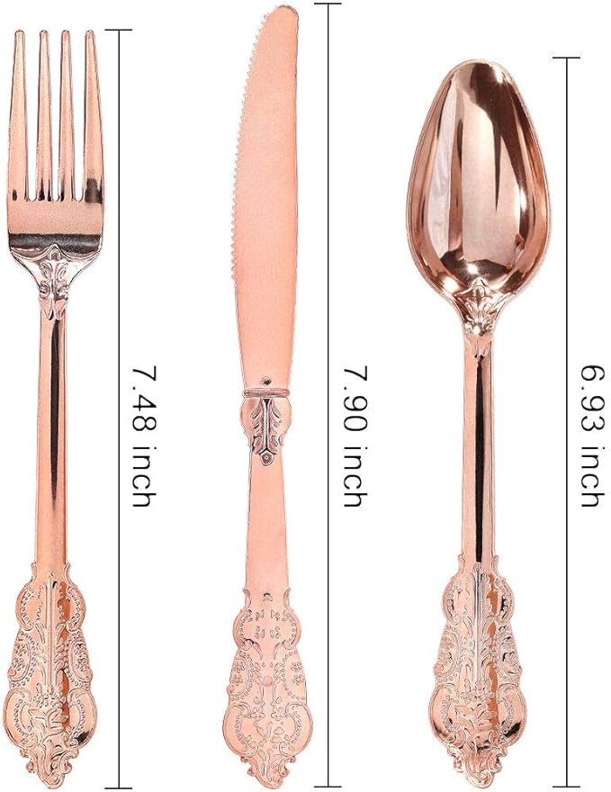 WDF-300 Pieces Rose Gold Plastic Silverware- Disposable Flatware -Heavyweight Plastic Cutlery- Includes 100 Forks, 100 Spoons, 100 Knives for Wedding/Parties/Mother's Day
