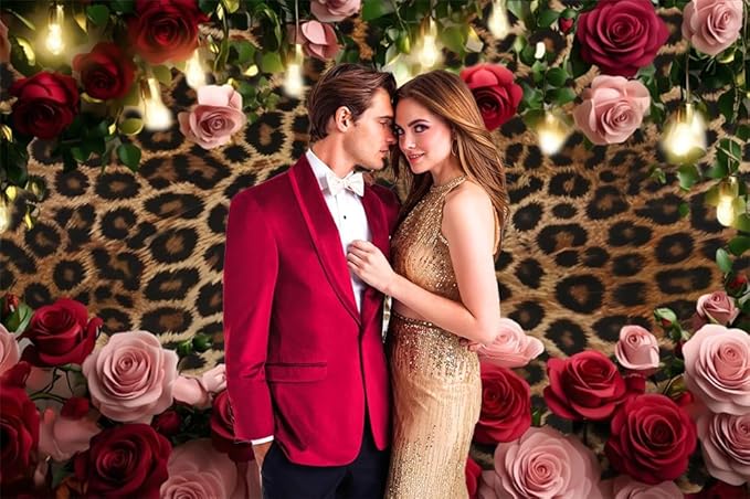 Leopard Print Backdrop Valentines Golden Brown Black Spots Cheetah Prints Background Pink Red Rose Backdrops for Photography Girls Lady Birthday Wedding Party Decorations 10x5ft Vinyl