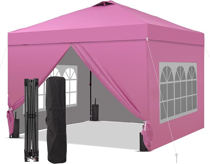 GDY 10x10 Pop Up Canopy Tent with 4 Sidewalls, Easy Set up, Outdoor Silver Coated Beach Gazebos, Carpas with 4 Sandbags, for Outdoor, Parties,Camping, Pink.