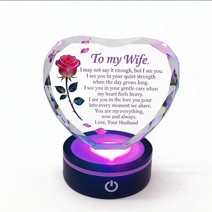 Anniversary and Birthday Gifts for Women Wife, Heart Shaped Crystal Keepsake with Rose and Love Letter Engraving, Color Changing LED Base,Romantic Christmas Valentine's Day Gifts for Wife from Husband (Pink Rose - Multicolor LED)