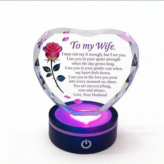 Anniversary and Birthday Gifts for Women Wife, Heart Shaped Crystal Keepsake with Rose and Love Letter Engraving, Color Changing LED Base,Romantic Christmas Valentine's Day Gifts for Wife from Husband (Pink Rose - Multicolor LED)