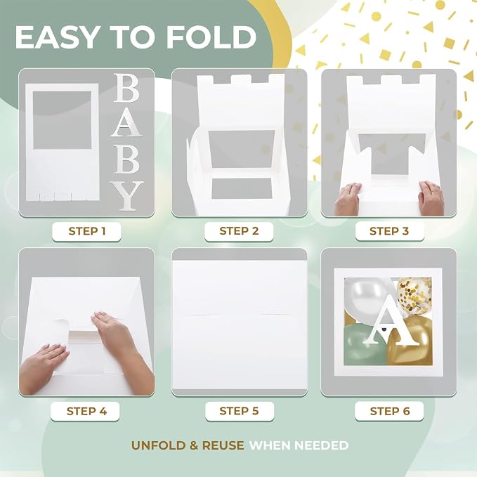 44-Piece Baby Shower Decorations for Boy or Girl - 4 Boxes with Letters and 32 Balloons - Sage Green and Metallic Gold (Boho Style) - Gender Reveal Party Supplies - Photo Shoot Backdrop