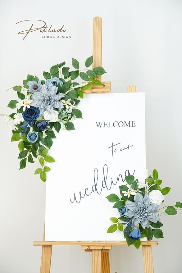 Wedding Decor (Pack of 2) Welcome Sign Flower Backdrop Garland for Ceremony Reception Wall Easel Home Decoration Entryway Faux Outdoor Board Head Table Decor (Dusty Blue & Navy)
