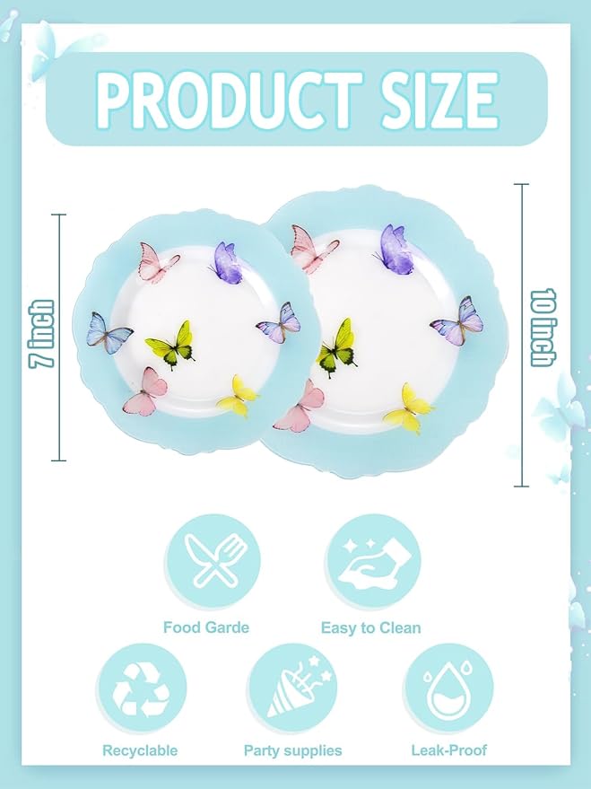 WDF 20PCS Blue Butterfly Plates - Baroque Spring Plates Disposable - Light Blue Butterfly Party Decorations for Birthdays/Tea Party/Bridal Shower (Pack of 2)