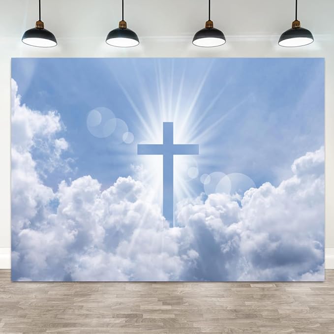 12x8ft Christian Cross Backdrop Holy Crucifix Heaven Sky Cloud Photography Background Lord Pray Resurrection of Jesus Easter Banner Decorations Church Events Portrait Photo Booth Prop