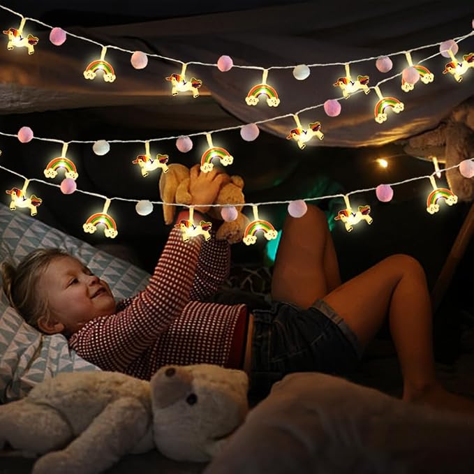 9.85 Feet Pom Pom Unicorn Rainbow String Lights, Auto Timer & 8 Flash Modes, 20 LED Battery Operated Fairy Lights for Kids Bedroom Play Tent Girls Birthday Baby Shower Holiday Christmas Decoration