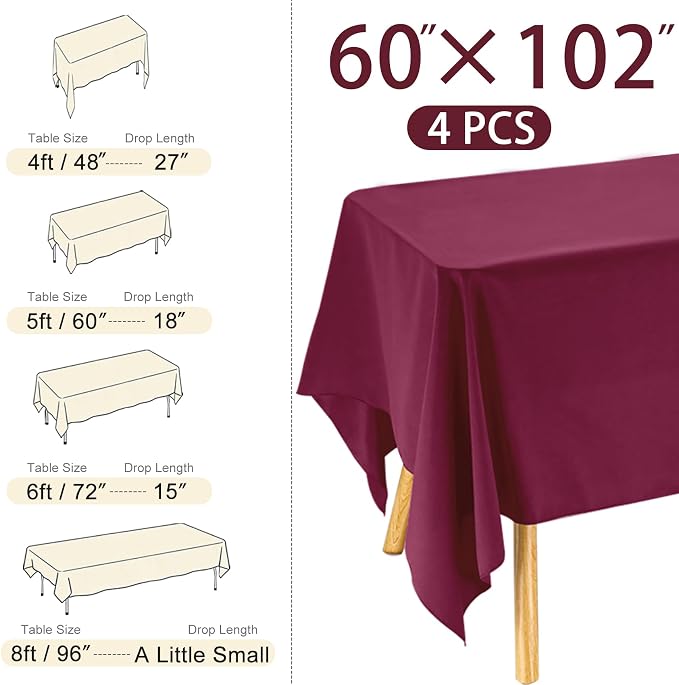 4 Pack Rectangle Tablecloth 60x102 Inch Burgundy Washable Polyester Table Cover for Wedding Dining Table Buffet Parties Banquet Decoration（Burgundy）