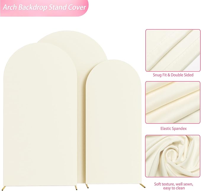 Wokceer Wedding Arch Cover (7.2FT, 6.6FT, 6FT) Set of 3 Spandex Fitted Wedding Arch Stand Covers for Round Top Chiara Arch Backdrop Stands Cover for Birthday Party Ceremony Banquet Decor Ivory