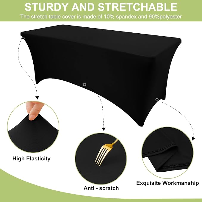 Moosfor Spandex Elastic Fitted 5FT Rectangle Tablecloth 6 Pack, Stretch Washable Reusable Table Cover for Outdoor Picnic, Dining, Wedding, Banquet & Party Events (Black, 60Lx30Wx30H Inch)