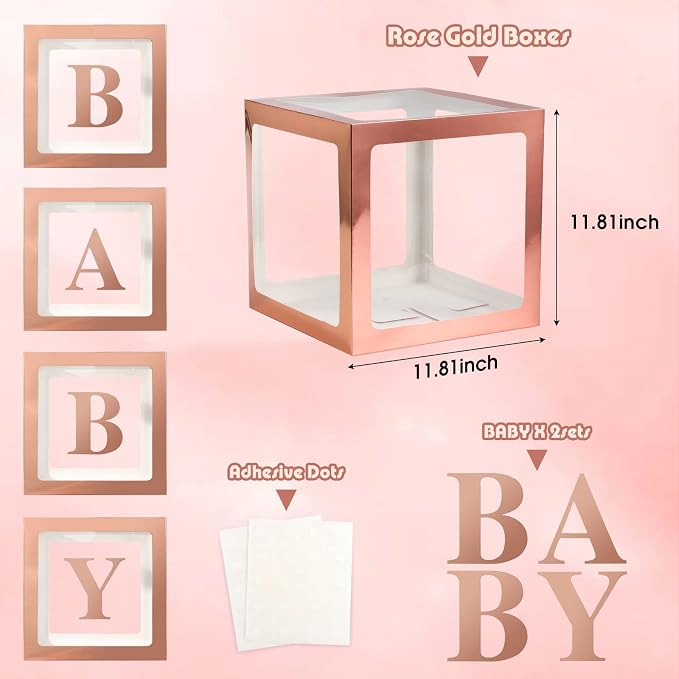 Valentine's Day Balloon Box with Letters Gift Box for Romantic Surprise Baby Boxes for Baby Shower, Gender Reveal Decorations with 4 Transparent Boxes for Baby Shower Decorations(Rose Gold)
