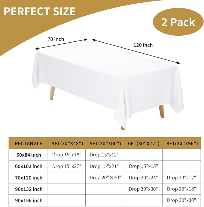 Fixwal 2 Pack White 70 x 120 Inch Rectangle Tablecloths, Reusable Heavy Duty Washable Polyester Table Covers for 6-8 Ft Tables, Wedding, Party, Birthday, Picnic
