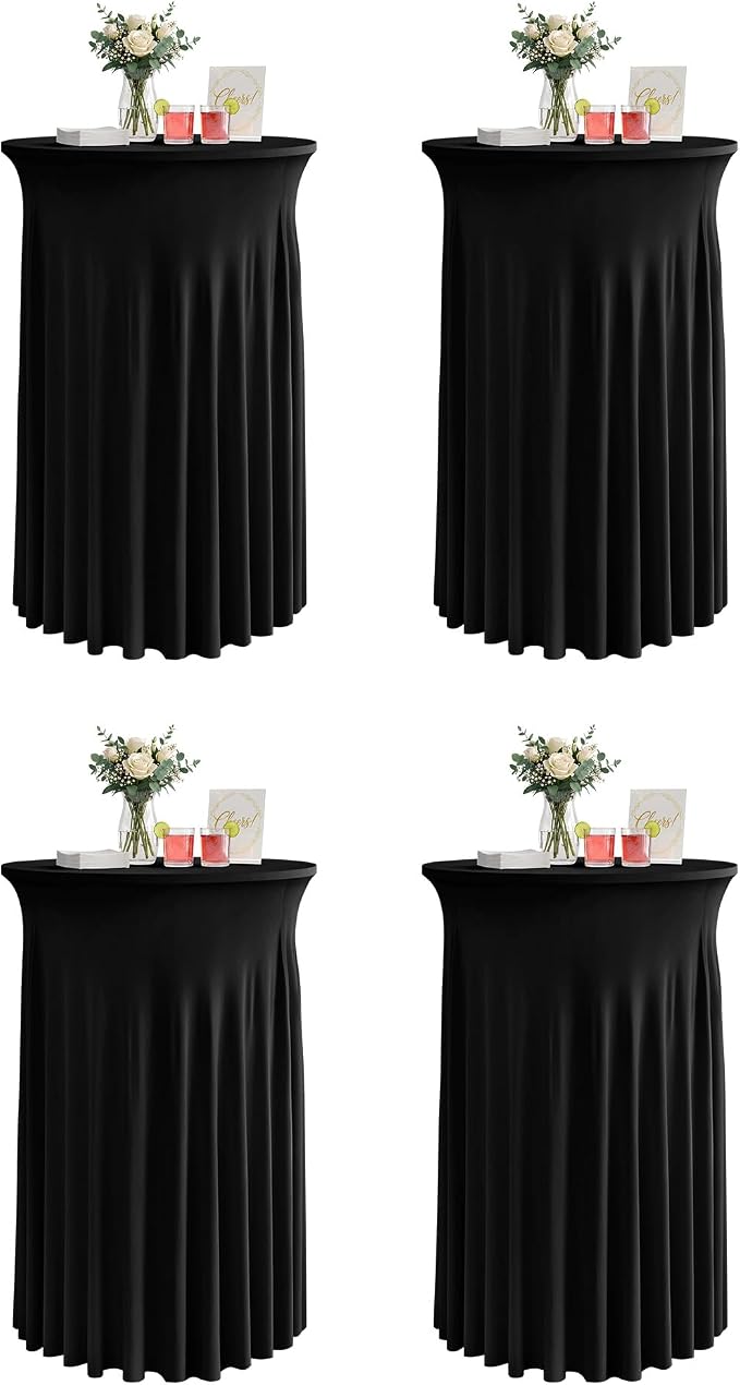 KeyWave Cocktail Table Tablecloth with Skirts - 32x43 Inch Wavy Spandex High Top Cocktail Table Covers, Ruffle Drape Highboy Tablecloth Reusable for Party Wedding Cake Standing Table, Black, 4 Pack