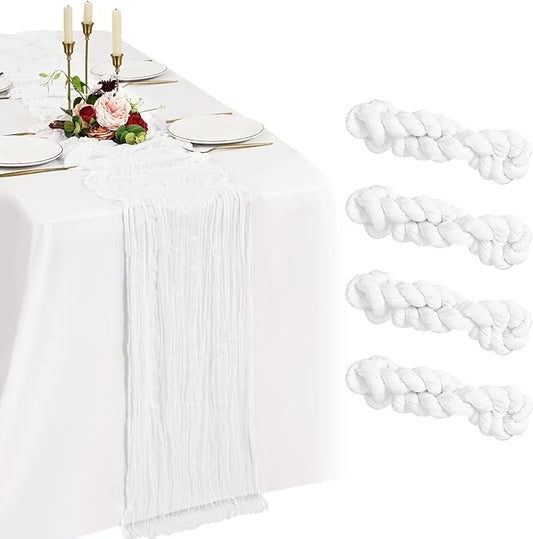 4 Pack Cheesecloth Table Runner 10FT White Table Runner Boho Gauze Cheese Cloth Table Runners Long Rustic Sheer Table Decorations for Wedding Party Baby Bridal Shower Birthday Holiday Home