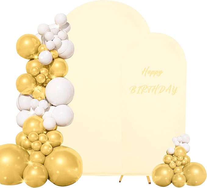 Set of 2 Wedding Arch Cover 2-Sided Round Top Spandex Fitted Arch Backdrop Cover for Birthday Party Baby Shower Wedding Arch Stand Decor（7.2FT, 6FT, Beige）