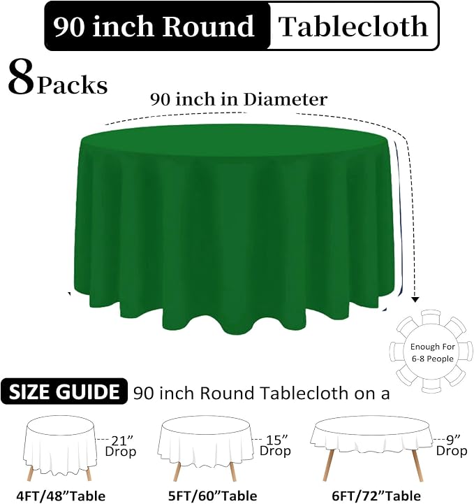 8 Pack Green Round Tablecloth 90 Inch Wrinkle Resistant Round Green Table Cloth Reusable and Washable Polyester Fabric Table Covers for Holiday Buffet Wedding Party and Banquet