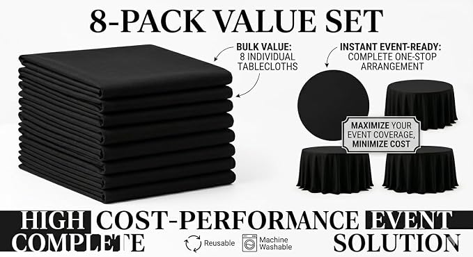 8 Pack 120 Inch Black Round Tablecloth, Stain & Wrinkle Resistant Washable Reusable Polyester Fabric Table Covers for Wedding, Party, Buffet, Banquet, Dining