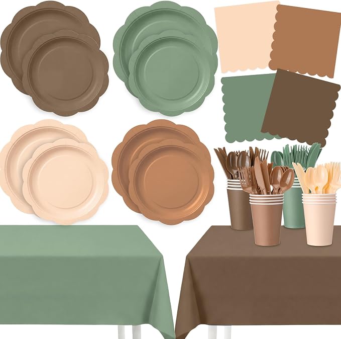 Ceenna 390 Pcs Woodland Baby Shower Decoration for 48 Guests, Sage Green and Brown Paper Plates Napkins Cups Tablecloth Cutlery Forest Tableware Utensil for Safari Jungle Neutral Camo Birthday Wedding