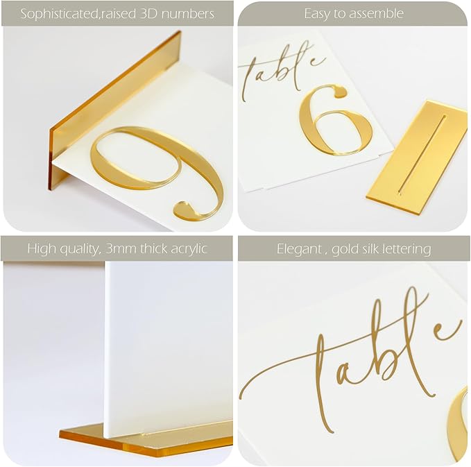 Acrylic Wedding Table Numbers 1-15 with Stands, 5"x7" White Acrylic Signs with 3D Gold Mirror Numbers, White and Gold 3D Table Numbers for Wedding Reception, Anniversary, Event