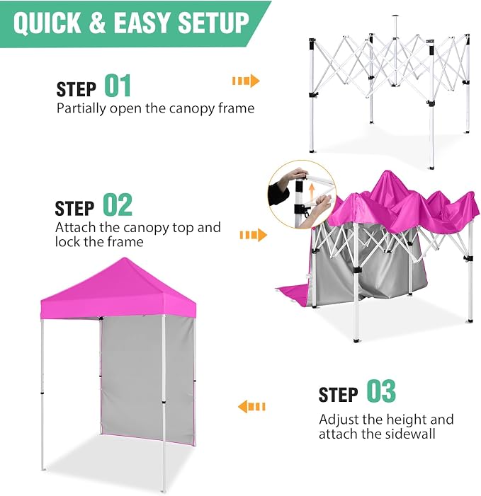 5x5 Pop Up Canopy Tent with One Sidewall, Instant Portable Beach Canopy, Outdoor Tent with Carry Bag for Camping, Sports, Tailgating, Events, Pink