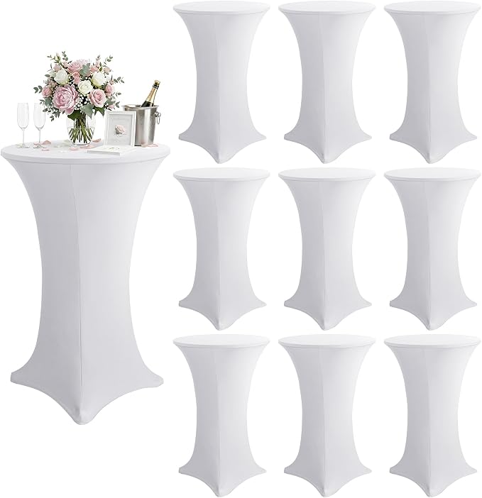 KeyWave Cocktail High Top Table Covers - 32x43 Inch Fitted Spandex Round Cocktail Tablecloth for Bar Height Standing Table Cloths Reusable, for Party Wedding Banquet Event Decorations, White, 10 Pack