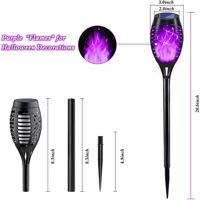 KYEKIO Halloween Decorations Outdoor, 12Pack Purple Solar Halloween Lights, Solar Torch Lights with Flickering Flame for Garden Decor, Waterproof Outdoor Lighting, Scary Torches for Yard Lawn Pathway