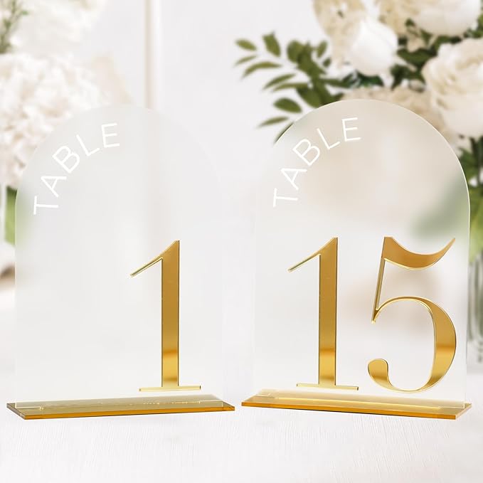 Frosted Arch Wedding Table Numbers 1-15 with Stand,15 Pack 5x7 Inch Frosted Acrylic Signs with Gold Number, Arched Acrylic Table Numbers for Wedding Reception