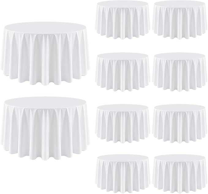 10 Pack White Round Tablecloth 120 Inch Round Table Cloth Wrinkle Resistant White Table Cloth Washable and Reusable Polyester Fabric Table Covers for Banquet Wedding Party Dining Buffet
