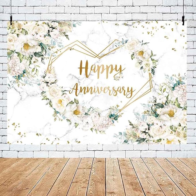 MEHOFOND 7x5ft Happy Anniversary Banner Backdrop, White Floral Wedding Anniversary Photography Background, Hearts Geometric Couple Wedding Bridal Shower Women Party Decorations Cake Smash Photo Props