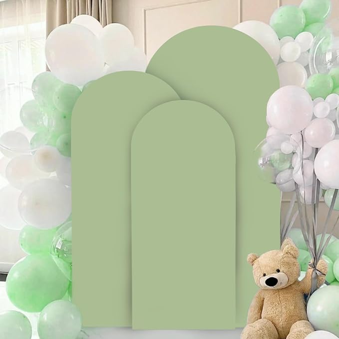 FANPROMS Sage Green Wedding Arch Cover Set of 3 Spandex Fitted Arch Backdrop Cover 6FT 6.6FT 7.2FT Chiara Arch Stand Covers Round Top Arch Cover Backdrop Fabric for Wedding Balloon Party Decorations