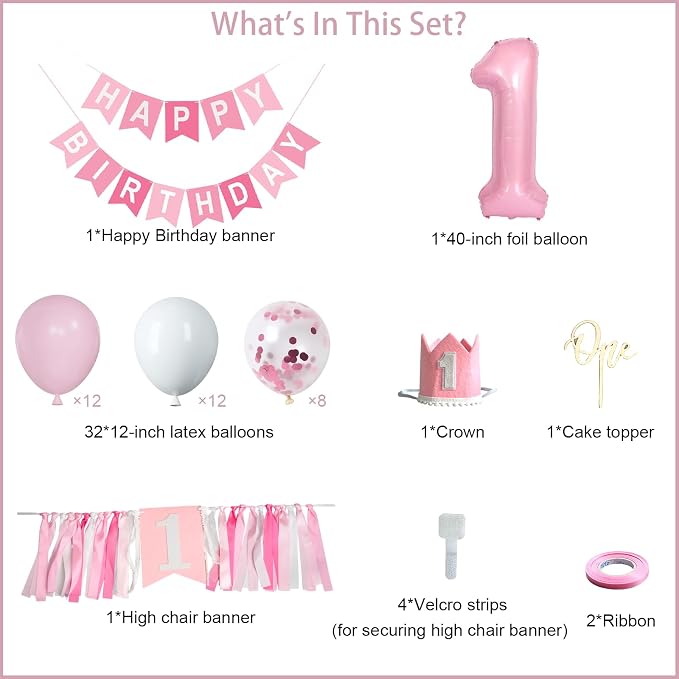 First Birthday Decorations for Girl - Complete Party Set with High Chair Banner, Number 1 Balloon, One Cake Topper, Crown, Balloons & Birthday Banner(Pink)