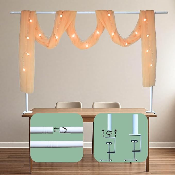 Beyeutao Over The Table Rod Stand with Clamps Over Table Display Bar H30-45'' L16-87''Adjustable Table Arch Rod with Gold Mesh Curtain Table Balloon Arch Stand for Wedding Birthday Christmas