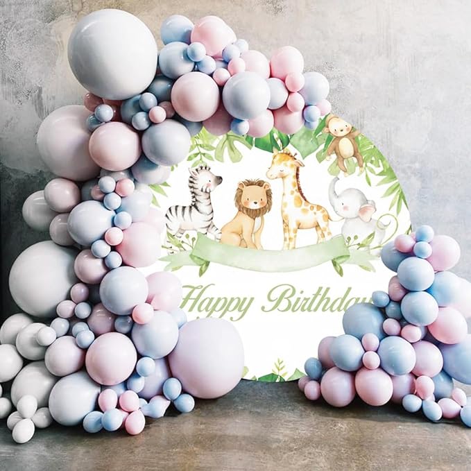 Jungle Animals Birthday Round Backdrop 7.5ft Happy Birthday Circle Backdrop Cover Tropical Green Leaves Safari Animals Theme Birthday Party Decor Cake Table Banner Kids Photo Booth Shoot Props