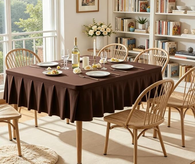 Shillance 48x48 Inch Chocolate Spandex Square Tablecloth, Wrinkle Free Chocolate Fitted Table Cloth for Square Tables,Washable Pleated Table Cover for Wedding Birthday Cocktail Party Buffet Dinner
