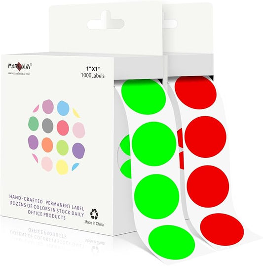 PARLAIM 1 Inch Round Adhesive Color-Code Dot Stickers,2Rolls/2000 per Roll dots Label Dispenser Box,Fluorescent Green/Red Circle Stickers Label for Office Home(Fluorescent Green+Red)