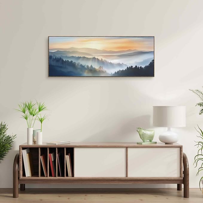 TLESKE Boho Sun Sunrise Sunset Mountain Large Wall Art Decor Framed 15x40, Foggy Forest Woodland Canvas Wall Art Print for Bedroom Above Bed Over Bed Living Room, Landscape Nautre Wall Artwork Picture