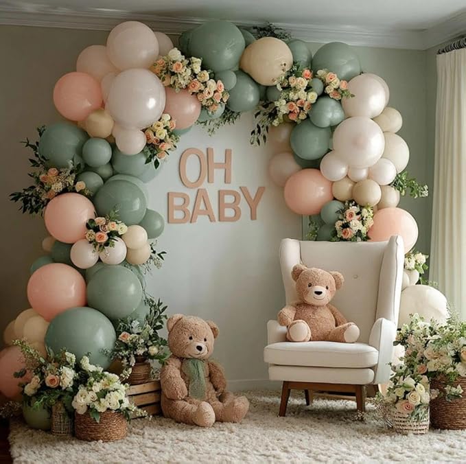Dusty Green Pink Balloon Garland Double Stuffed Blush Pink Cream Sage Green Peach Sand White Balloon Arch Kit for Baby Bridal Shower Wedding Birthday Spring Party Decoration