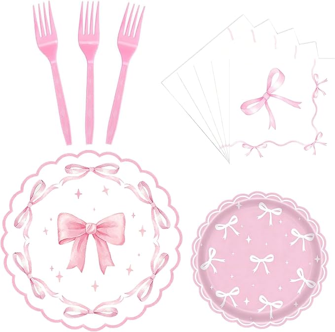 Pink Bow Party Supplies Set for 24 Guests, 96PCS Pink Disposable Tableware Set Includes Plates, Napkins & Forks, Aesthetic Baby Shower Birthday Bridal Shower Girl Party Decorations