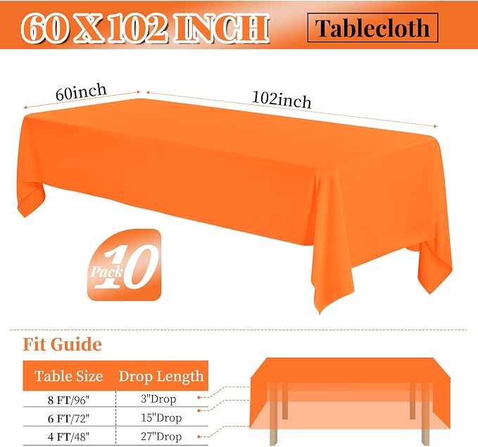 fani 10 Pack 60 x 102 Inch Tablecloth, Orange Tablecloth for 6 Feet Rectangle Tables, Stain and Wrinkle Resistant Washable Fabric Table Cloth for Wedding Party Dining Table Buffet Parties Camping