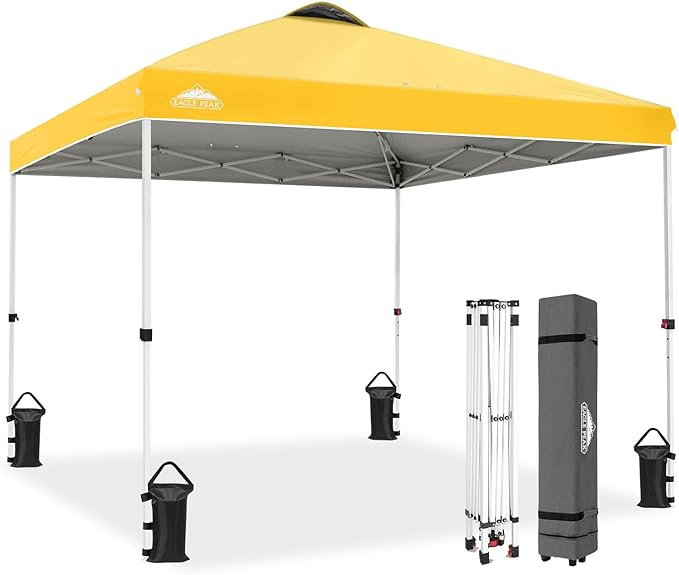 EAGLE PEAK Pop Up Canopy Tent with Wheeled Carry Bag, 8 Stakes, 4 Ropes, 4 Weight Bags, Easy Set Up Tent Canopy, 10x10 ft, 100sqft of Shade, Yellow