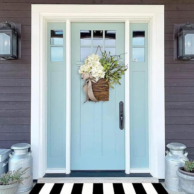 Cream Hydrangea Door Hanger Basket Wreath - Farmhouse Spring Wreath with Wildflowers, Mother's Day Decor, Artificial Rattan Hanging Basket for Porch, Wall, Home Decor