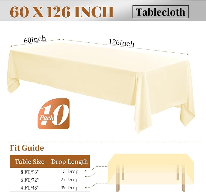 fani 10 Pack 60 x 126 Inch Tablecloth, Beige Tablecloth for 8 Feet Rectangle Tables, Stain and Wrinkle Resistant Washable Fabric Table Cloth for Wedding Party Dining Table Buffet Parties Camping